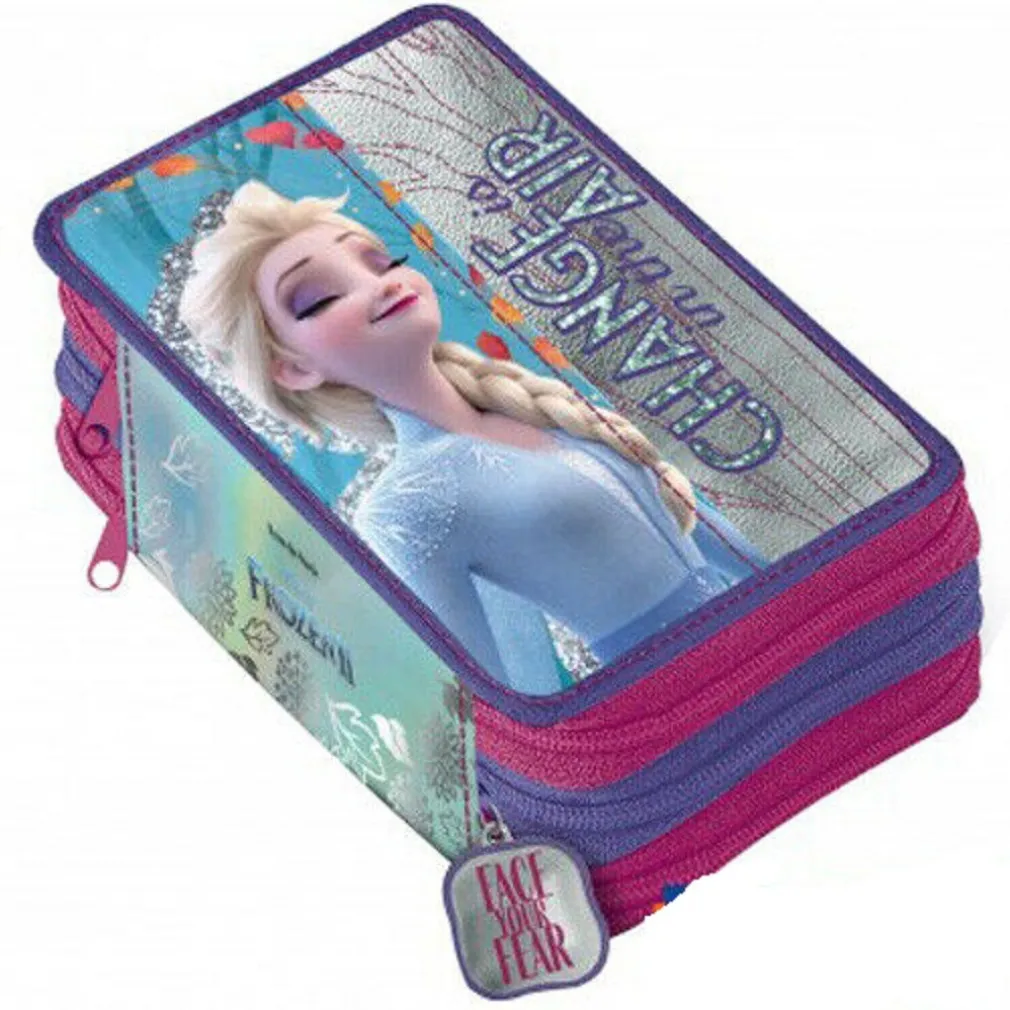 ASTUCCIO PORTAPENNE 3 ZIP SCOMPARTI COMPLETO FROZEN II ACCESSORI SCUOLA BAMBINE