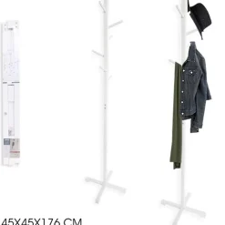 ATTACCAPANNI APPENDIABITI A PIANTANA TERRA IN LEGNO BIANCO 6 GANCI 45X45X176CM