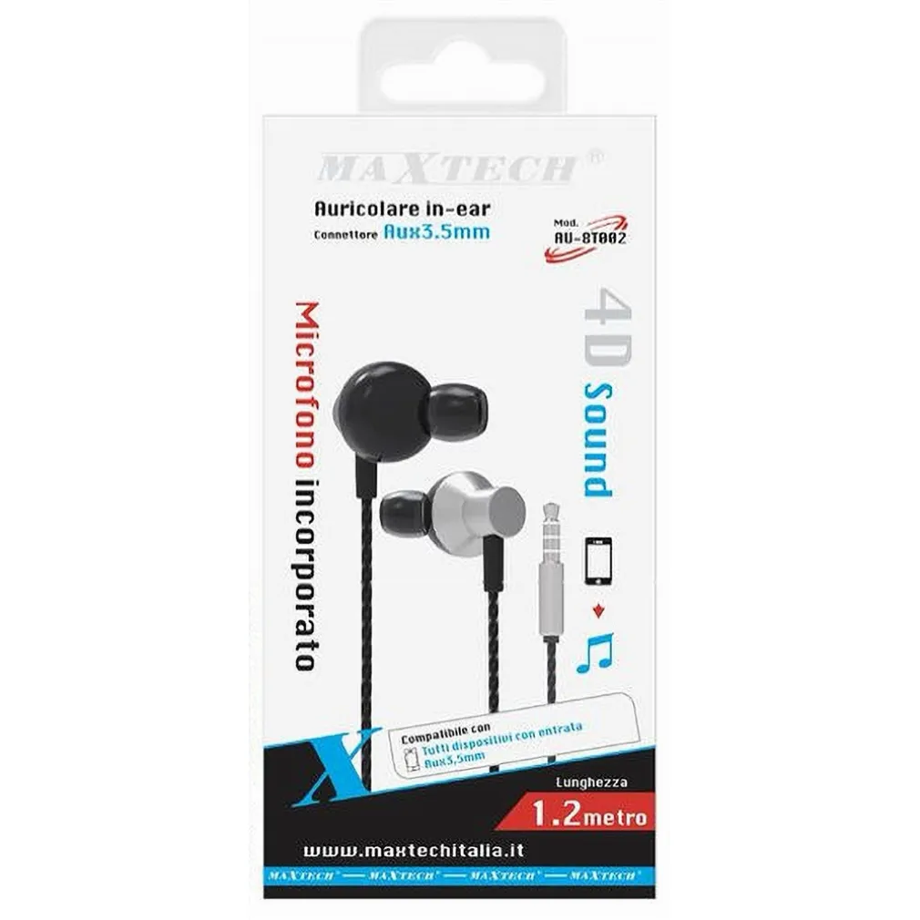 AURICOLARE IN-EAR CUFFIE CON FILO 1.2MT AUX3.5MM CON MICROFONO 4D SOUND AU-8T002