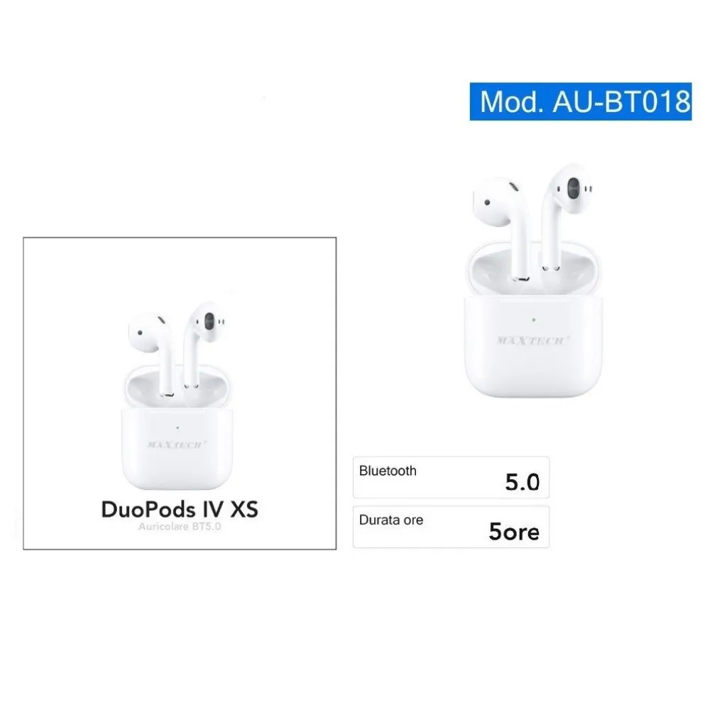 AURICOLARI BLUETOOTH BT5.0 STEREO CORDLESS DUOPODS IV XS SMARTPHONE AU-BT018