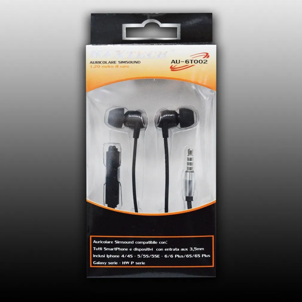 AURICOLARI CUFFIE MUSICA CON FILO MICROFONO PER CELLULARI SMARTPHONE SIMSOUND MAXTECH AU-6T002