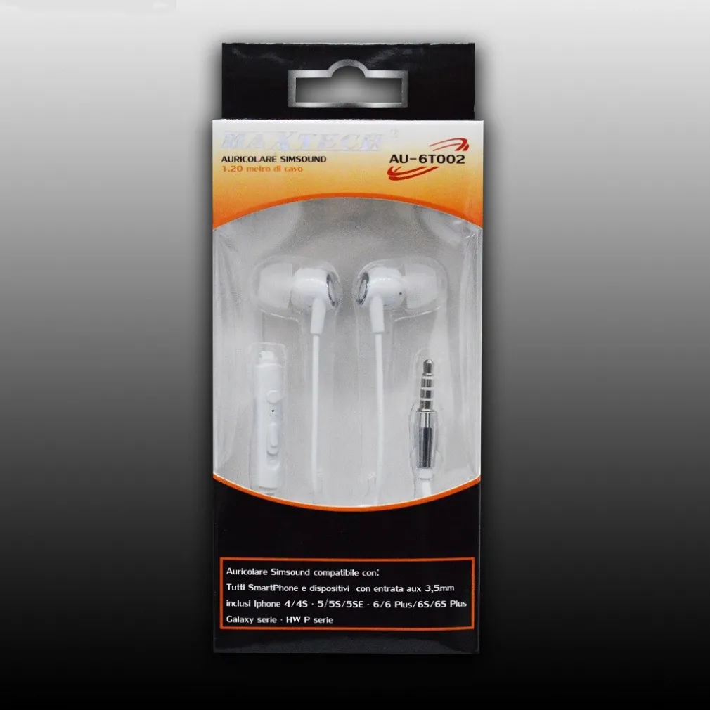 AURICOLARI CUFFIE MUSICA CON FILO MICROFONO PER CELLULARI SMARTPHONE SIMSOUND MAXTECH AU-6T002