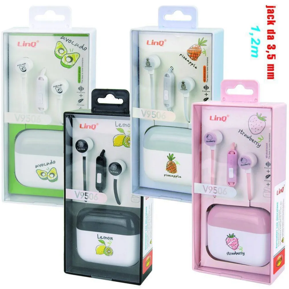 AURICOLARI CUFFIE STEREO CON MICROFONO JACK 3,5MM 1.2MT COLORATE FRUTTA V9506