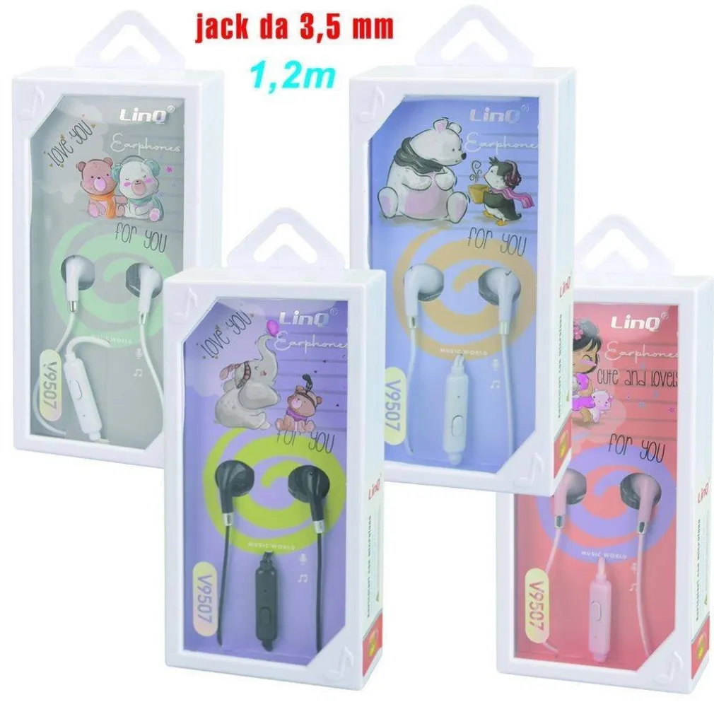 AURICOLARI STEREO CON MICROFONO JACK DA 3,5 MM FILO DA 1.2MT V9507 VARI COLORI