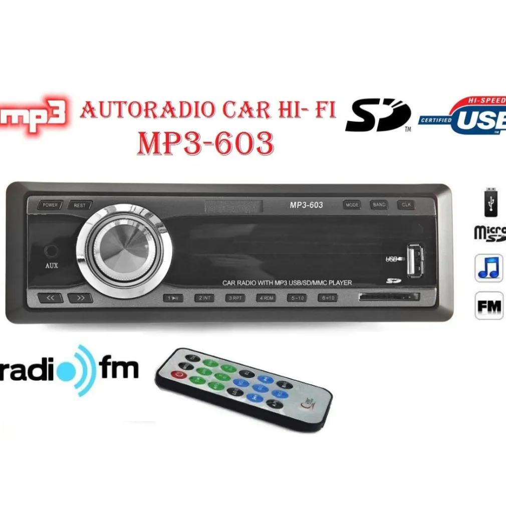 AUTORADIO FM STEREO AUTO LETTORE MP3 USB SD CARD INGRESSO AUX WMA RADIO 603