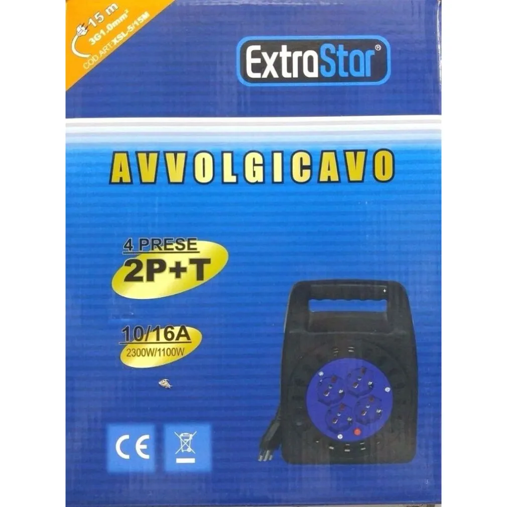 AVVOLGICAVO ELETTRICO PROLUNGA CORRENTE AVVOLGI CAVO 15 METRI 4 PRESE SCHUKO 2P