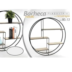 BACHECA PORTA OGGETTI IN METALLO TONDA PARETE MENSOLE LEGNO 80X13CM NERO 763601