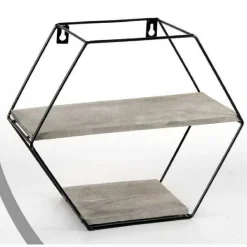 BACHECA PORTA OGGETTI METALLO ESAGONALE PARETE 2 MENSOLE LEGNO 29X11X25CM 751981