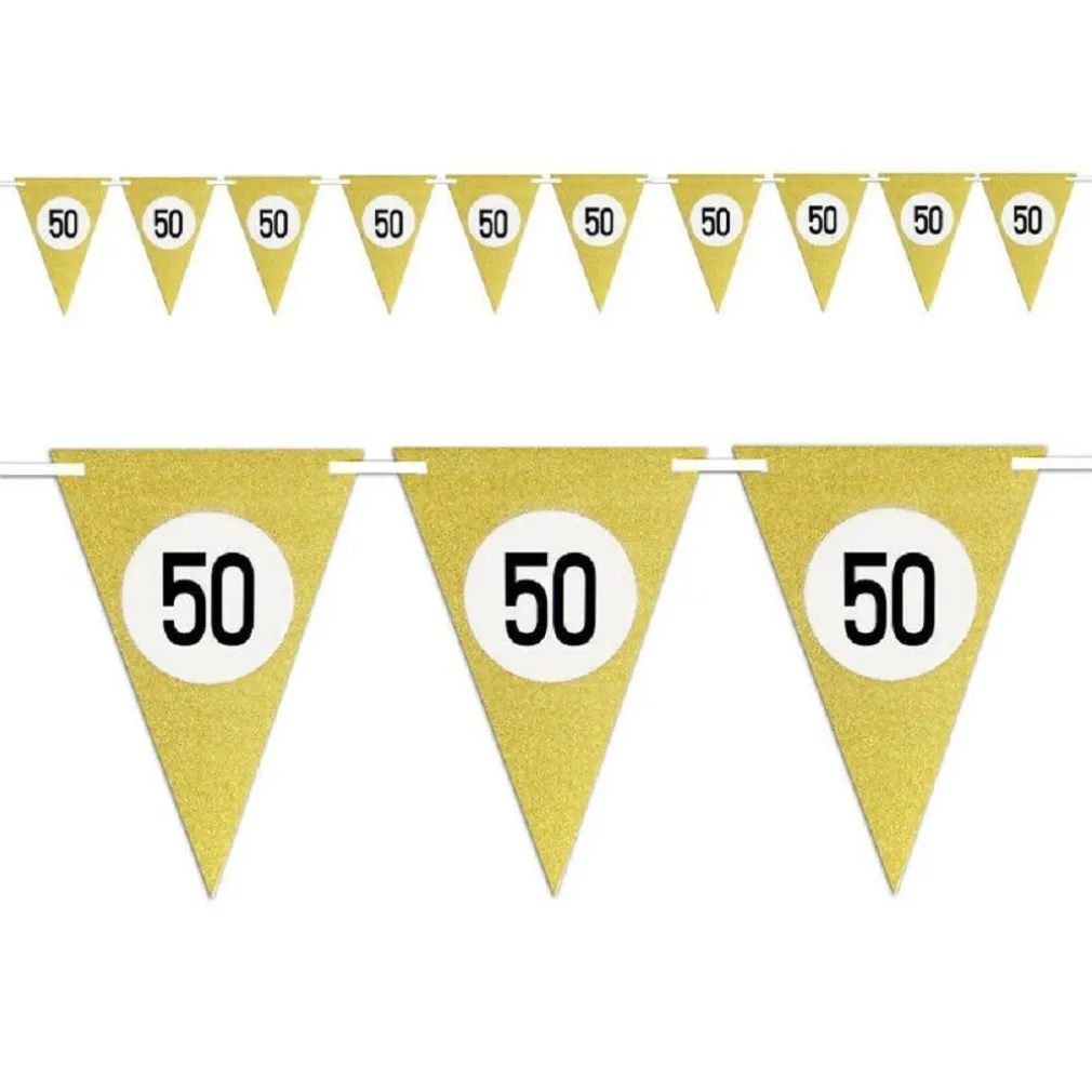 BANDIERINE FESTA COMPLEANNO ANNIVERSARI SET 10PZ TRIANGOLARI FESTONE ORO 50 ANNI