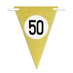 BANDIERINE FESTA COMPLEANNO ANNIVERSARI SET 10PZ TRIANGOLARI FESTONE ORO 50 ANNI