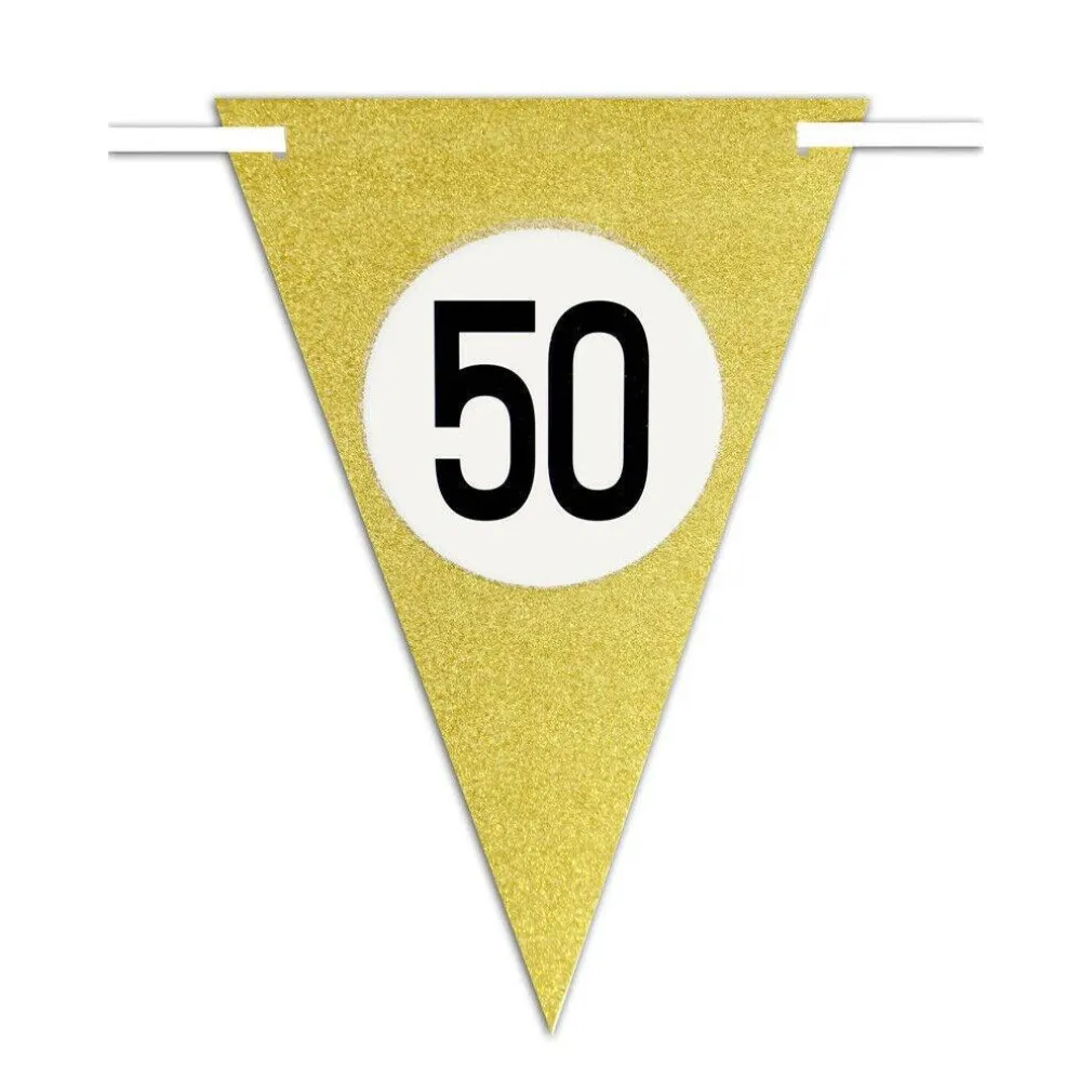 BANDIERINE FESTA COMPLEANNO ANNIVERSARI SET 10PZ TRIANGOLARI FESTONE ORO 50 ANNI