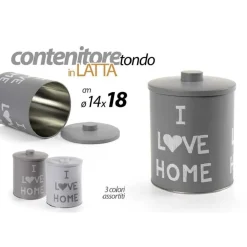 BARATTOLO CONTENITORE IN LATTA CUCINA TONDA ASSORTITI I LOVE HOME 14X18CM 710506