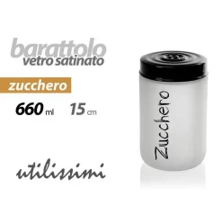 BARATTOLO ZUCCHERO CONTENITORE VETRO SATINATO COPERCHIO NERO 660 ML 15CM 833267