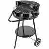 BARBECUE CON RUOTE RIPIANO GRIGLIA TONDA IN ACCIAIO FORNACELLA A CARBONE PER CARNE PESCE