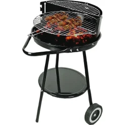 BARBECUE CON RUOTE RIPIANO GRIGLIA TONDA IN ACCIAIO FORNACELLA A CARBONE PER CARNE PESCE