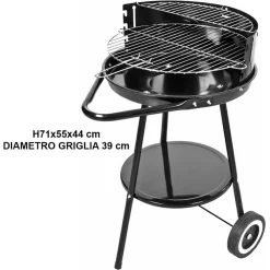 BARBECUE CON RUOTE RIPIANO GRIGLIA TONDA IN ACCIAIO FORNACELLA A CARBONE PER CARNE PESCE