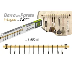 BARRA PORTA UTENSILI CUCINA DA PARETE IN LEGNO 3 X 60 X 5 CM CON 12 GANCI 838309