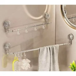 BASTONE TELESCOPICO REGOLABILE 76-135CM A VENTOSA DA PARETE CON GANCI ROTAZIONE A 180°