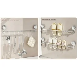 BASTONE TELESCOPICO REGOLABILE 76-135CM A VENTOSA DA PARETE CON GANCI ROTAZIONE A 180°