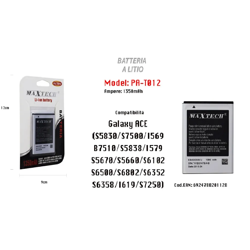 BATTERIA A LITIO PER GALAXY ACE COMPATIBILE CELLULARE SMARTPHONE 1350MAH MAXTECH PA-T012