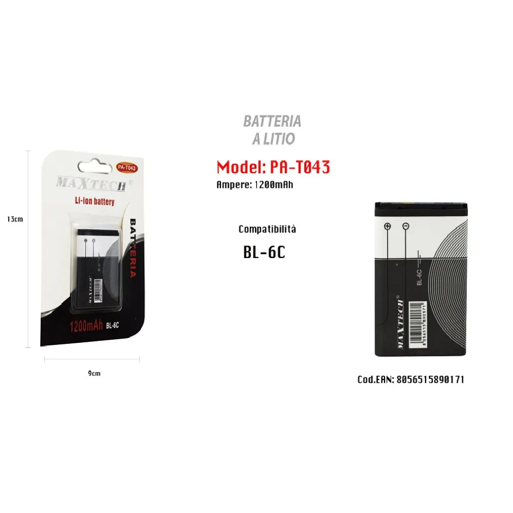 BATTERIA A LITIO RICAMBIO COMPATIBILE CON BL-6C 1200MAH SMARTPHONE MAXTECH PA-T043
