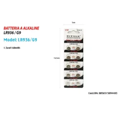 BATTERIE PILE ALKALINE LR936/G9 1.5V BOTTONE 60MAH PER OROLOGI TELECOMANDI MAXTECH