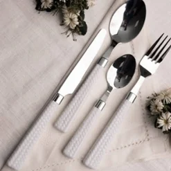 BAVARIA SET SERVIZIO 24 PEZZI POSATE ACCIAIO INOX CON MANICO BIANCO CUCINA