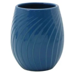 BICCHIERE PORTA SPAZZOLINI IN CERAMICA RIGATA BLU ACCESSORI ARREDO BAGNO 79955