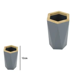 BICCHIERE PORTA SPAZZOLINI A CILINDRO ESAGONALE GEOMETRICO GRIGIO LEGNO DA BAGNO 10847