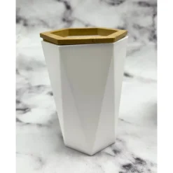 BICCHIERE PORTA SPAZZOLINI A CILINDRO ESAGONALE GEOMETRICO BIANCO LEGNO DA BAGNO 10837