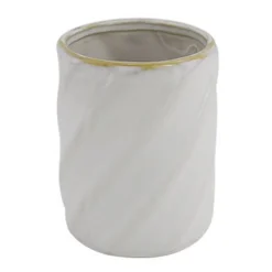 BICCHIERE PORTA SPAZZOLINI CERAMICA RIGATO OBBLIQUO BIANCO BORDO ORO ARREDO BAGNO 87799