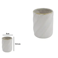 BICCHIERE PORTA SPAZZOLINI CERAMICA RIGATO OBBLIQUO BIANCO BORDO ORO ARREDO BAGNO 87799