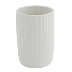 BICCHIERE PORTA SPAZZOLINI DENTIFRICIO ARREDO BAGNO IN CERAMICA RIGATA BIANCA 87803