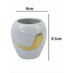 BICCHIERE PORTASPAZZOLINI IN CERAMICA BIANCA CON PIUMA ORO ACCESSORI BAGNO 59895