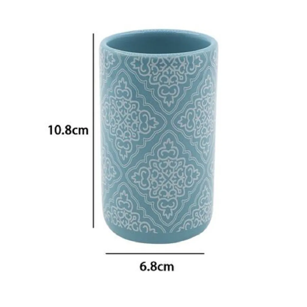 BICCHIERE PORTASPAZZOLINO AZZURRO CON MAIOLICHE ACCESSORI BAGNO 6.8X10.8CM 87022