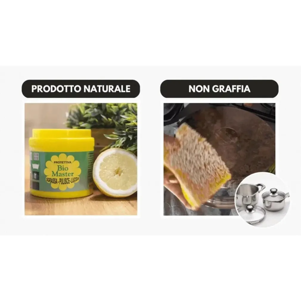 BIO MASTER PASTA UNIVERSALE CON SPUGNA SGRASSA PULISCE LUCIDA DETERGENTE NATURALE A LIMONE