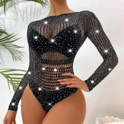 BODY CON STRASS IN RETE TRASPARENTE SEXY DONNA INTIMO IN PIZZO LINGERIE BABYDOLL