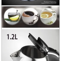 BOLLITORE ELETTRICO A CARAFFA DA 1,2LT IN ACCIAIO INOX PER TE' E INFUSI 1370W