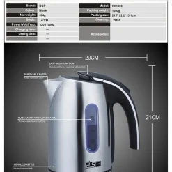 BOLLITORE ELETTRICO A CARAFFA DA 1,2LT IN ACCIAIO INOX PER TE' E INFUSI 1370W