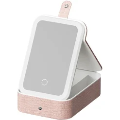 BORSA PER TRUCCHI CON SPECCHIO ILLUMINATO CUSTODIA COSMETICI MOTIVO A COCCODRILLO ROSA