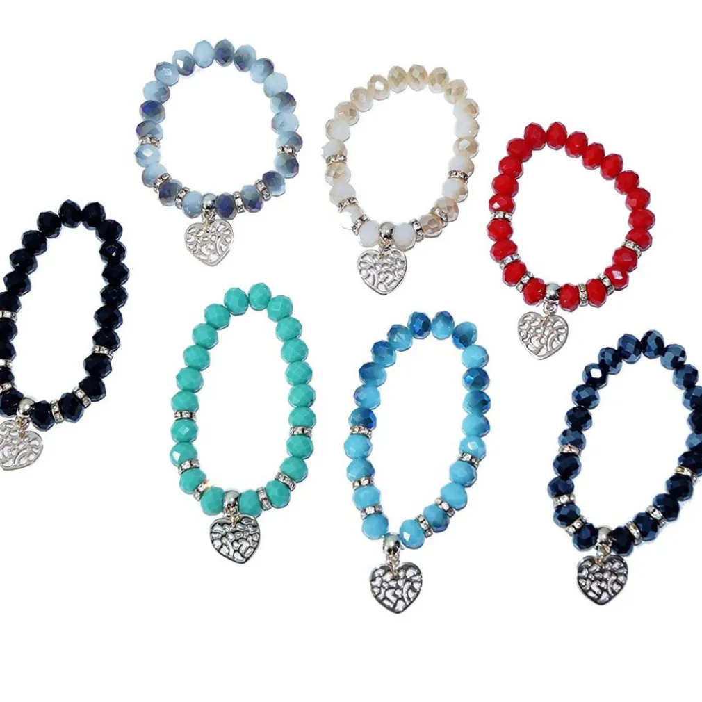 BRACCIALE BRACCIALETTO PERLE CIONDOLO CUORE COLORATI ELASTICO DONNA GIOIELLI