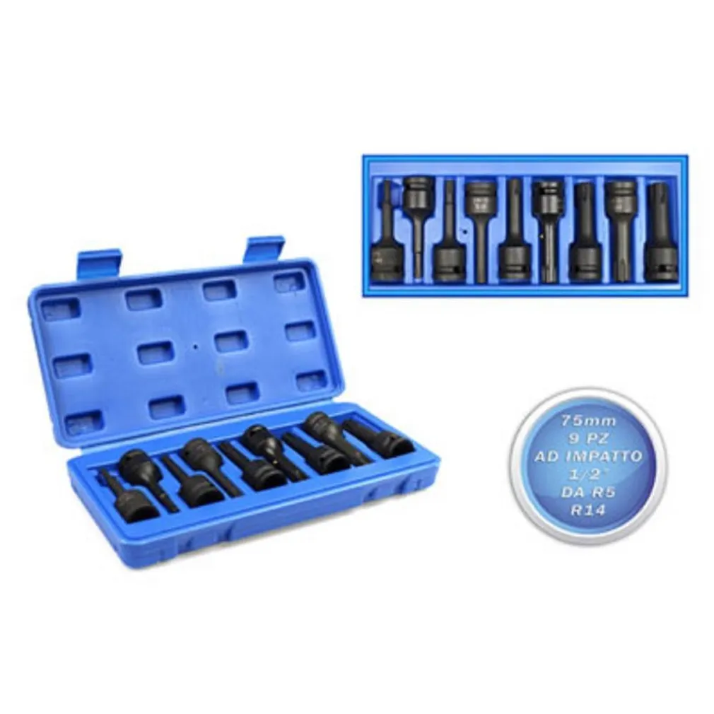 BUSSOLE RIBE AD IMPATTO ATTACCO 1/2" SET 9 PZ MISURE DA R5 A R14 PUNTE 75 MM