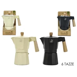CAFFETTIERA IN ALLUMINIO MOKA 6 TAZZE CON MANICO POMELLO IN LEGNO UTENSILE CAFFÈ ESPRESSO