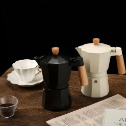 CAFFETTIERA IN ALLUMINIO MOKA 6 TAZZE CON MANICO POMELLO IN LEGNO UTENSILE CAFFÈ ESPRESSO
