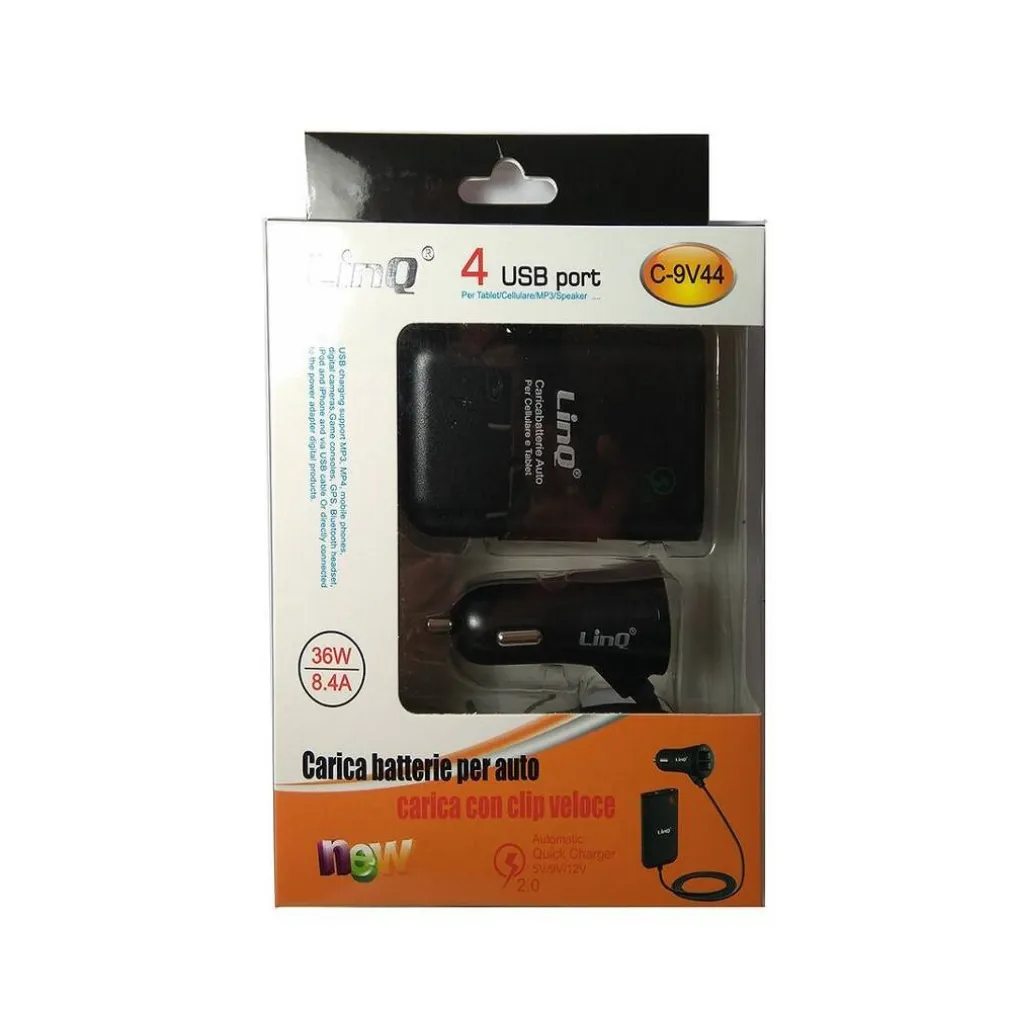 CARICABATTERIA AUTO 4 PORTE USB CAVO ESTENSIBILE 36W RICARICA VELOCE 8.4A C-9V44