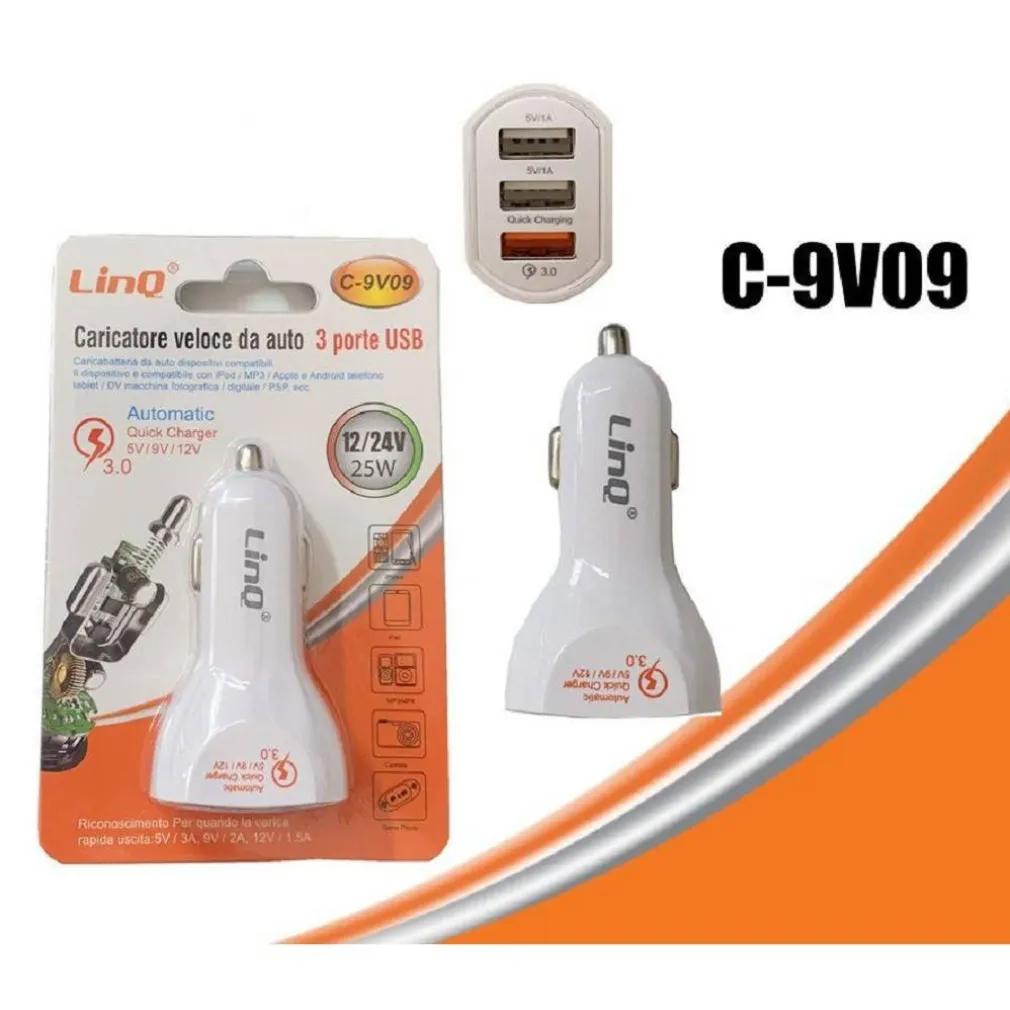 CARICABATTERIA DA AUTO CARICATORE RICARICA VELOCE 3 PORTE USB 12/24V 25W C-9V09