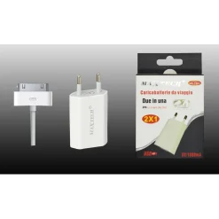 CARICABATTERIA DA VIAGGIO 2X1 ATTACO USB CASA IPHONE 4 5V-1000MA MAXTECH MS-T003