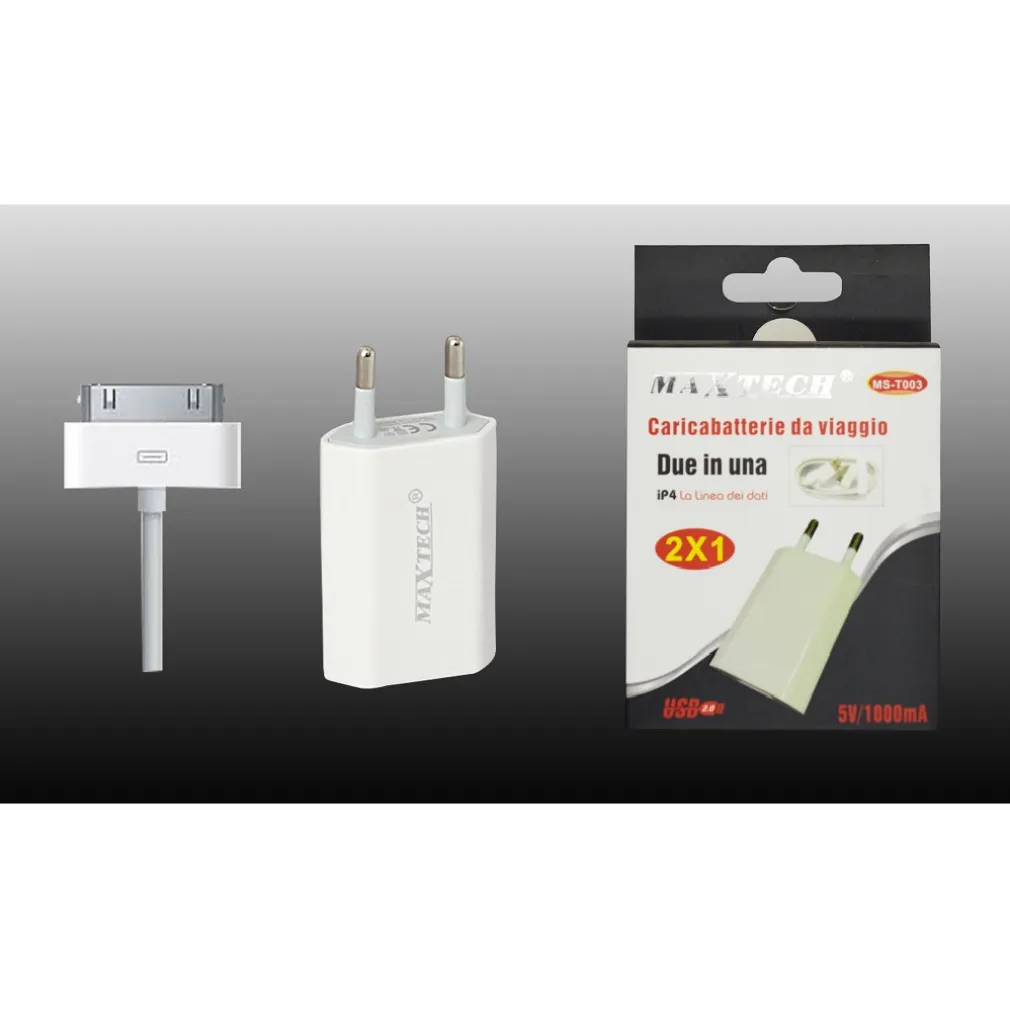 CARICABATTERIA DA VIAGGIO 2X1 ATTACO USB CASA IPHONE 4 5V-1000MA MAXTECH MS-T003