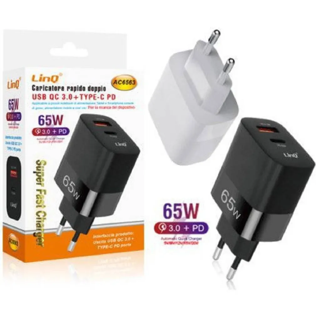 CARICABATTERIA RAPIDO DOPPIO 65W USB QUICK CHARGE 3.0 + TYPE-C POWER DELIVERY AC6563