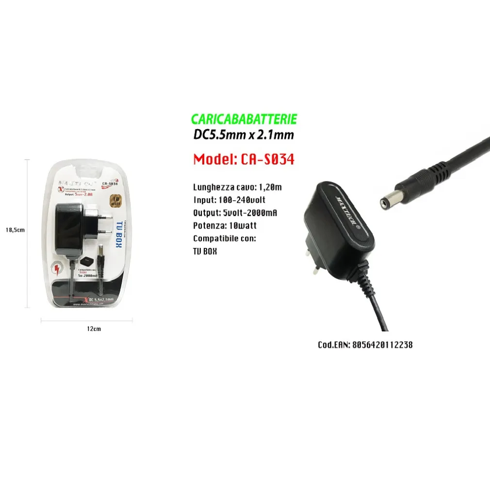 CARICABATTERIE ALIMENTATORE 5V 2000MA COMPATIBILE CON TV BOX 10W MAXTECH CA-S034